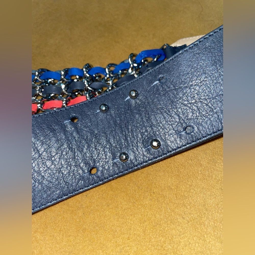Rene Lezard Belt Navy Leather W/Silver Chains 35” - Picture 3 of 5